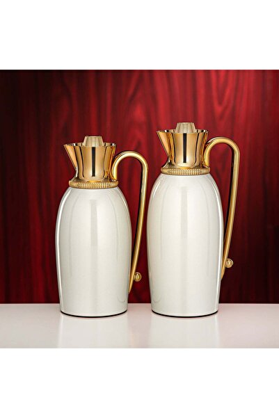 Almarjan Vacuum Flask Set 0.75 L & 1 L Pearl White & Gold