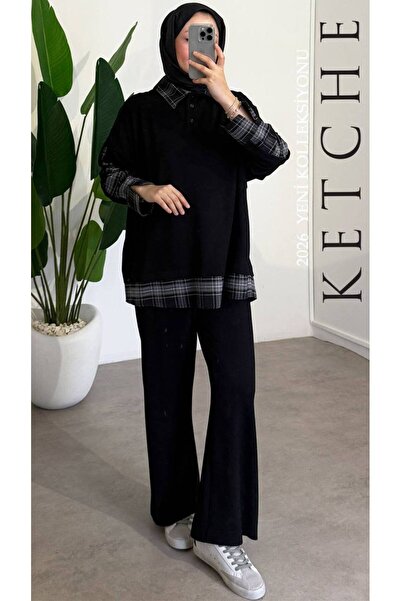 Butik ekose detaylı ikili takım