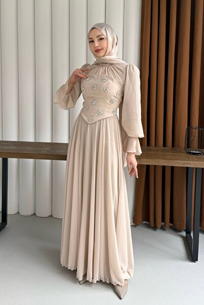 Modaensarbutik Degaje Yaka Seyyar Korseli Taşlı Abiye-TAŞ