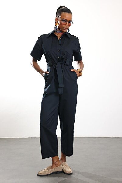5in1Canpolat Navy Blue Belted Buttoned Front Jumpsuit 9535