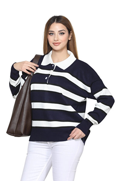 MetuCA Women's Navy Blue Polo Collar Striped Buttoned Oversize Knitwear Sweater