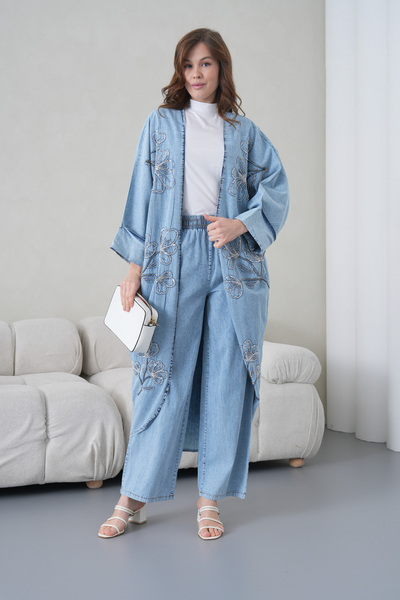 Miss Allos Women's Front Embroidered Beaded Denim Kimono Cardigan and Denim T...