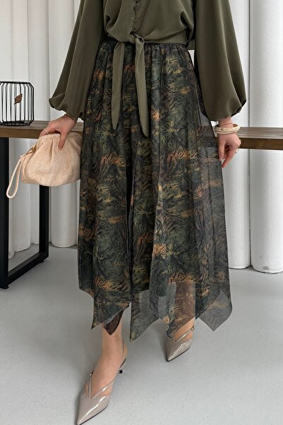 Modaensarbutik Beli Lastikli Çizgili Şifon Etek-YEŞİL