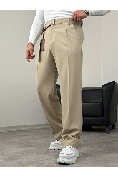 BE TOR KENDİNDEN KEMERLİ PİLELİ BAGGY KUMAŞ PANTOLON