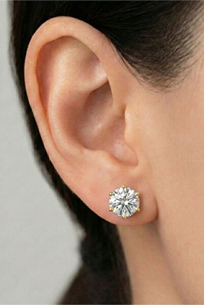 Osha Aksesuar Hexagonal Solitaire Earrings Gold Color 7 mm Zircon Stone