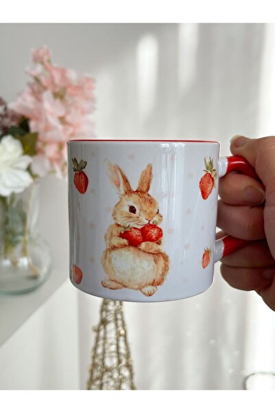 Ceribo Co. Baskılı Seramik Kupa Tavşan Çilek Temalı Baskılı Çay ve Kahve Kupası