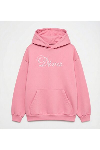 TRAGEDY Women's Diva Text Stone Printed 3 Thread Pink Embroidered Hoodie Swea...
