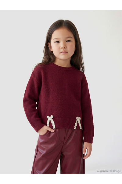 LC Waikiki Burgundy Bow Detailed Crew Neck Girls' Knit Sweater