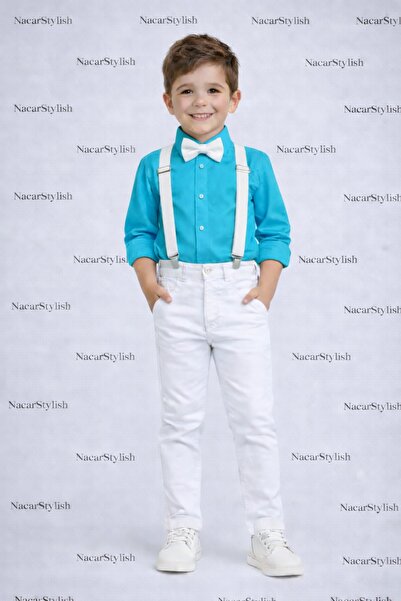 Nacar Erkek Çocuk 23 Nisan 29 Ekim Keten Gömlek&Pantolon&Askı Papyon Set - Gö...