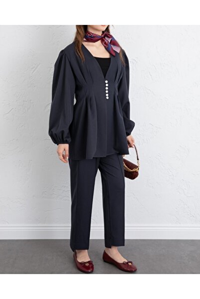 Modamorfo Stoned Buttoned Elastic Sleeve Double Trouser Suit - Navy