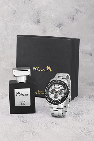 Polo Air Erkek Kol Saati Ve 55ml Parfüm Hediyelik Kutusunda Siyah Set Gümüş R...