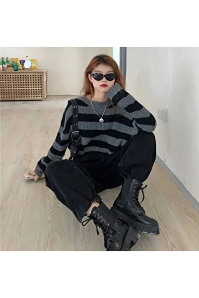 bysoca Women's Black Gray Striped Crew Neck Long Sleeve Oversize Crop Knit Sw...