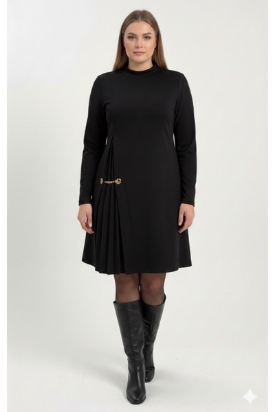 Bedrinxxl Uzun Kollu Pilise Detaylı Elbise