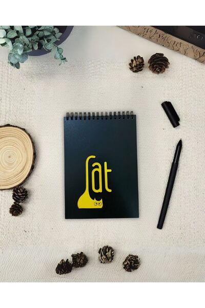 Saatistan Siyah Yapraklı Ahşap Kapaklı Kedi Figürlü Not Defteri, Anı ve Hediye