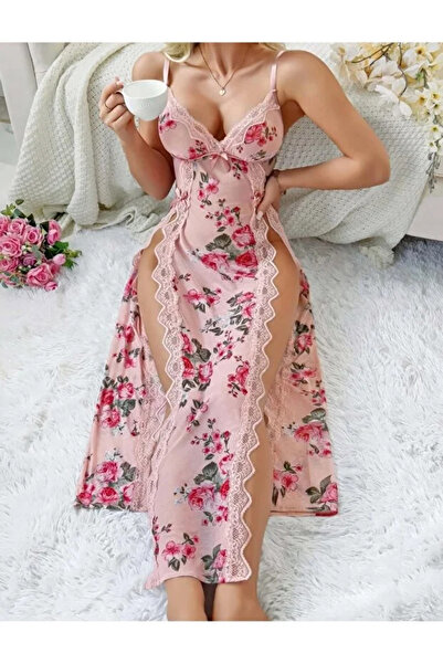 Bleu Petite Cămașă de noapte lungă cu detaliu cu șliț și model floral roz