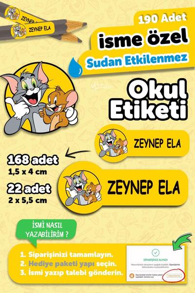 Saatistan Tom and Jerry Temalı 190 Adet Yazılabilir Okul Etiketi ve Kalem Def...