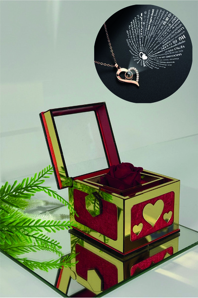 Fırtına Armağan Sihirli Güllü Kutuda 14 Ayar Altın Kaplama 316L Çelik 100 Dil...