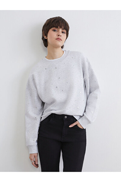 LC Waikiki Nevavm Farkıyla Xside Gray Oval Collar Stone Detailed Women's Thic...