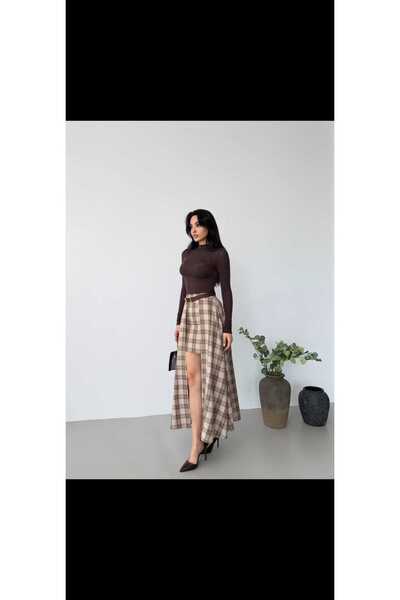 Foola Moda Ekose Desenli Asimetrik Katlı Mini Etek - Şık ve Modern Tasarım