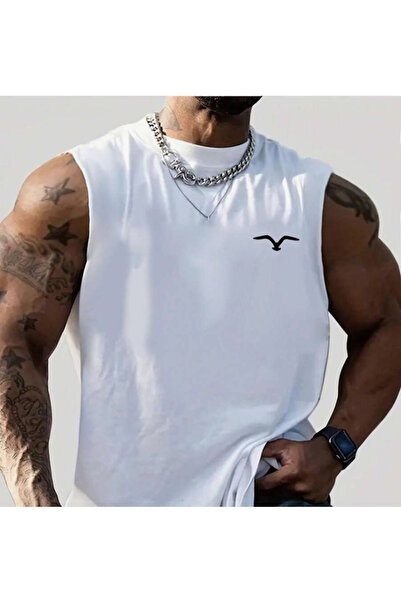 ALCİNOUS White Printed Training Athlete Oversize Sleeveless T-Shirt