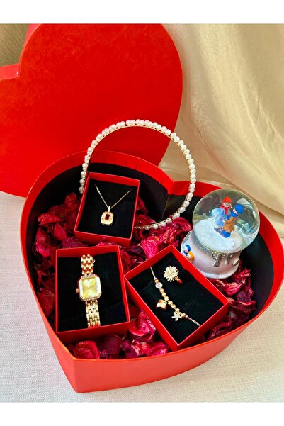 D&Z ACCESSORİES Sevgililer Günü Kırmızı Kalpli Hediye Kutusu | Kar küresi Saa...