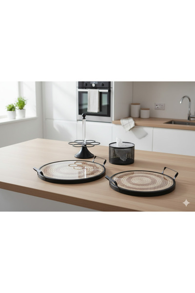 Generic A modern hospitality set including serving trays, a cup holder, and a...