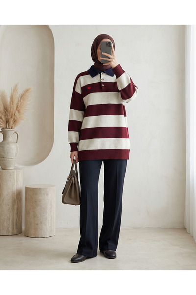 Modamorfo Shirt Collar Buttoned Heart Embroidered Knitwear Tunic -Burgundy