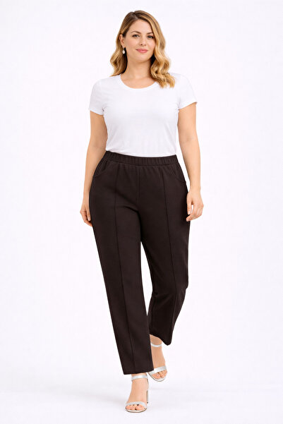 Şans Women's Plus Size Brown High Waist Elastic Waist Grass Stitching Pocket ...