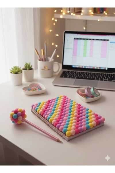 Handmade Elegance Hediyelik Sevimli Ponponlu Defter-Çizgisiz-Sert Kapak-Planl...