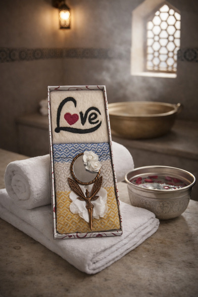 Keçe Sabunlu Özel El Yapımı Hediye Seti – Peştamal Havlu, Magnet Ayna ve Love Yazılı Keçe Sabun