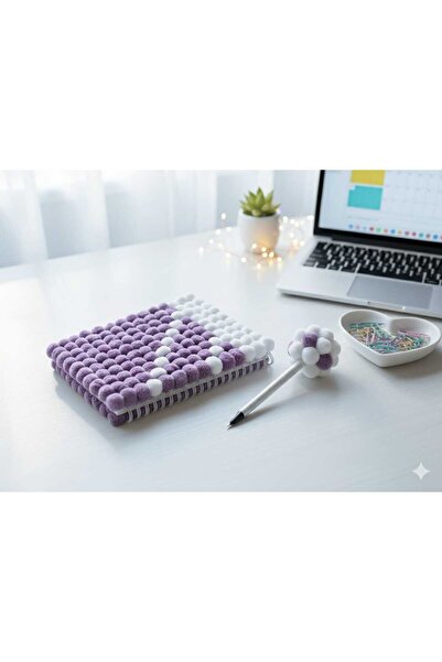 Hediyelik Notebook Çizgisiz Sert Kapak Defter-Ponponlu-Planlayıcı Sticker (21X14 cm) 60 Yaprak-Kalem
