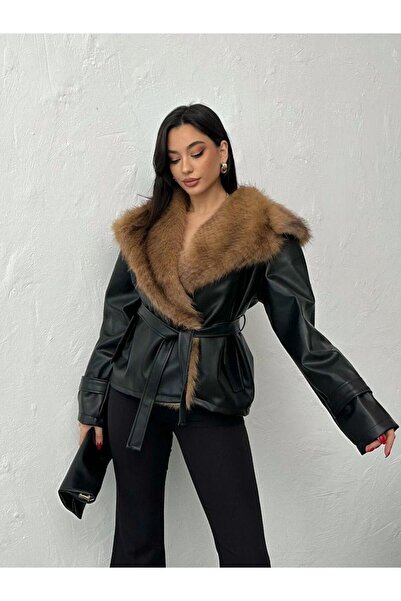 Ekim Store Leather Jacket with Fur Collar and Belt