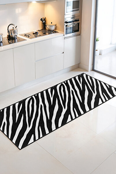 Home Siyah-Beyaz Zebra Desenli Modern Tarz Mutfak Halısı