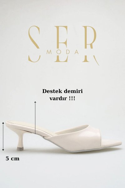 sermoda Heeled Women's Slippers - 5 cm Thin Heeled Pointed Toe Women's Slippers in Patent Leather