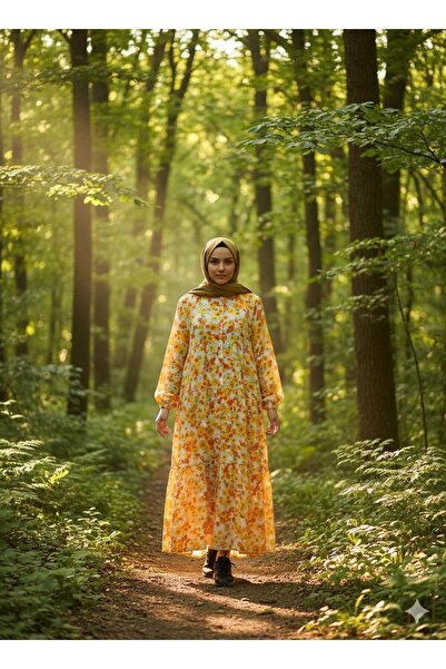 AXXAN Half Placket Patterned Dress with Elasticated Sleeves Buttoned Dress