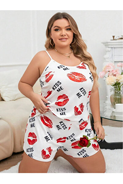 Bleu Petite White Plus Size Kiss Pattern Shorts Pajama Set