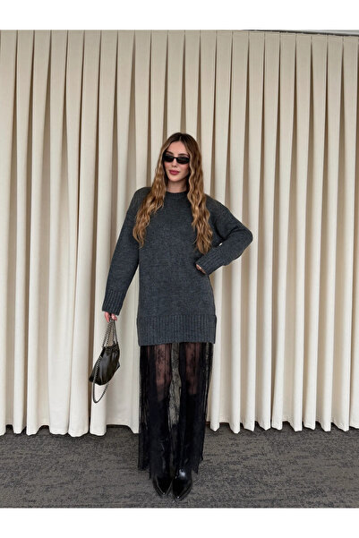 Laluvia Anthracite Tulle Detailed Long Knitwear Dress - 251009