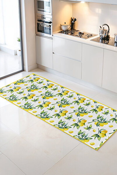 Home Limon ve Yaprak Desenli Canlı Renkli Şık Dekoratif Mutfak Halısı