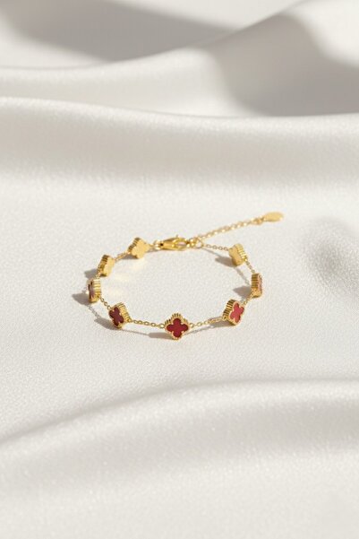 ArsEm Design Altın Rengi Kırmızı Yonca Detaylı Van Cleef Şans Bilekliği