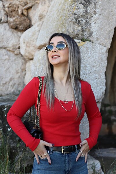 bytugcekaya Red Ribbed Oval Neck Blouse