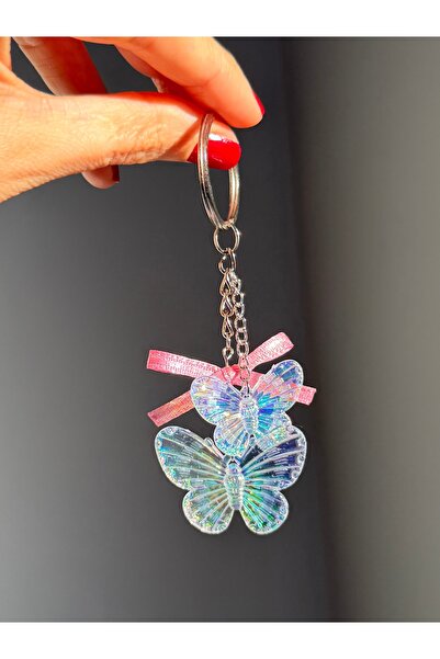 Pinky Lady Silver Bow Keychain with Hologram Butterfly Charm