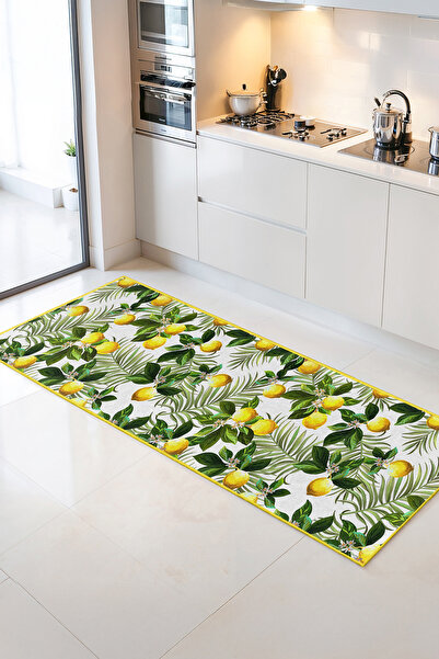 Home Limon ve Yaprak Desenli Canlı Renkli Şık Dekoratif Mutfak Halısı