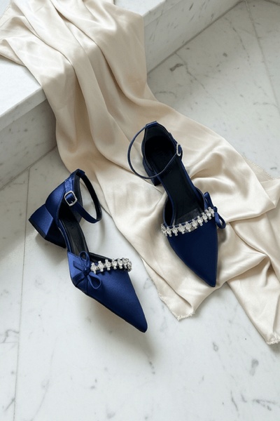DİVOLYA Dunka Navy Blue Satin Stone Bow (4 cm Heel) Pointed Toe Heeled Shoes