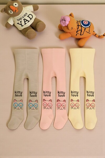 Amélio Kids 3'lü Kız Bebek & Çocuk Havlu/Kışlık Külotlu Çorap Renkli Kedicik ...