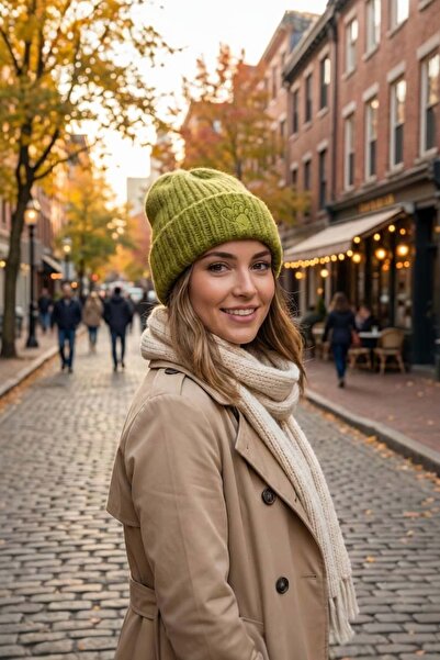 CANMODA Recien Women's Lime Green Embroidery Detailed Ribbed Knit Winter Knit...