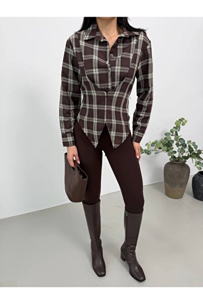 Foola Moda Korse Formlu Ekose Gömlek - V Kesim Bel Detaylı Modern Tasarım