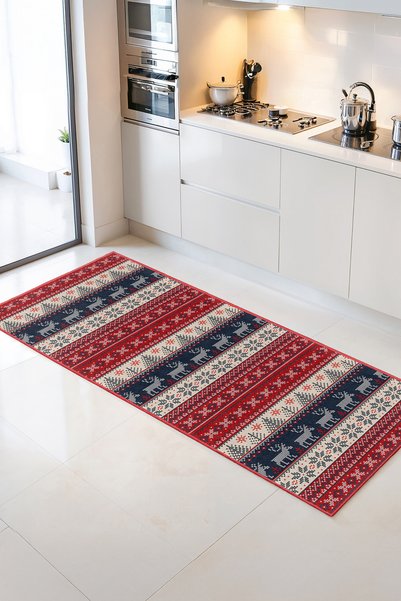 Home Kırmızı ve Lacivert Desenli Şık Mutfak Halısı