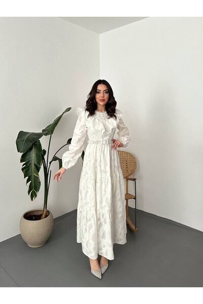 Ekim Store Scalloped Belted Lace Long Dress