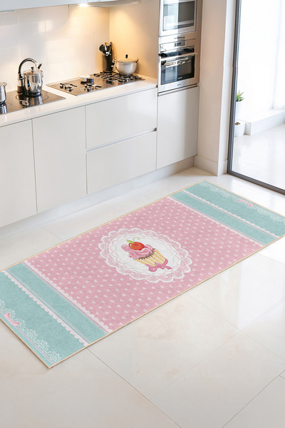 Home Pembe Kalp Desenli Tatlı Motifli Şık Dekoratif Mutfak Halısı