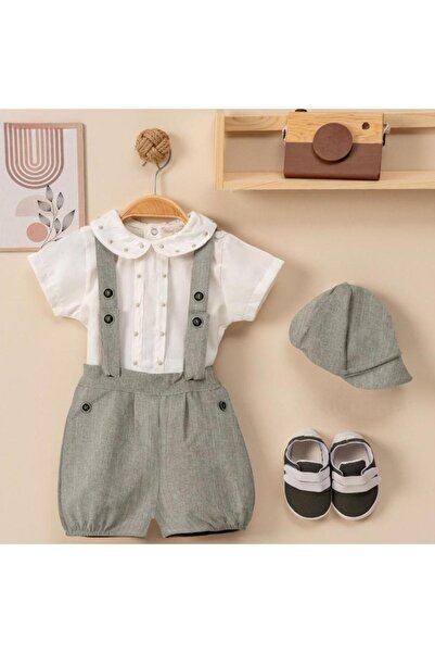 Generic ميني جنتل طقم سالوبيت ولادي من الكتان - 4 قطع - رمادي